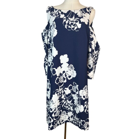 NWOT Jessica Howard Size 18 Navy & White Floral Cold Shoulder Dress Polyester - Picture 8 of 16